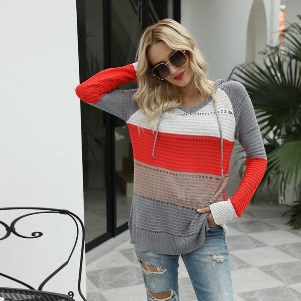 Fashion Contrast Color Hollow Out Hooded Knitwear