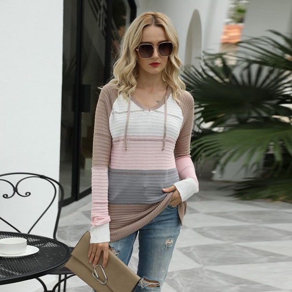 Fashion Contrast Color Hollow Out Hooded Knitwear