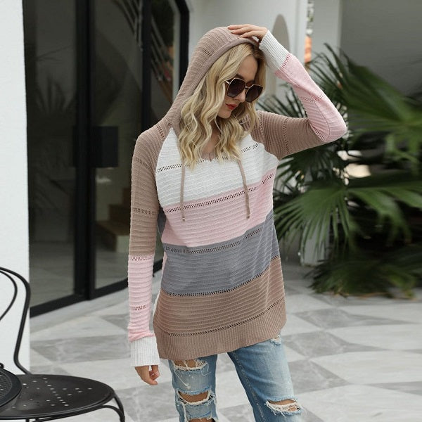 Fashion Contrast Color Hollow Out Hooded Knitwear