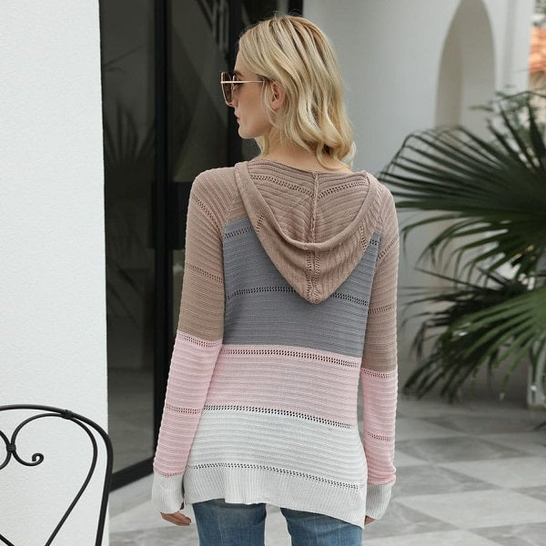Fashion Contrast Color Hollow Out Hooded Knitwear