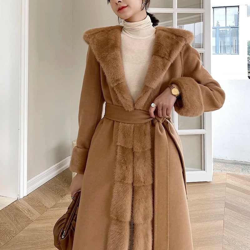 Fashion Double Side Wool Cardigan With Belt Hooded Coat