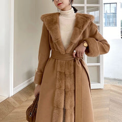 Fashion Double Side Wool Cardigan With Belt Hooded Coat