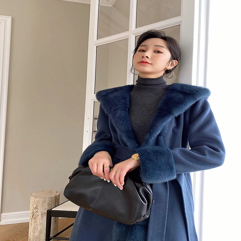 Fashion Double Side Wool Cardigan With Belt Hooded Coat