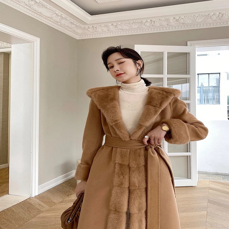 Fashion Double Side Wool Cardigan With Belt Hooded Coat