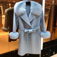 Fashion Fox Fur Collar Cashmere Wool Blends Long Jacket