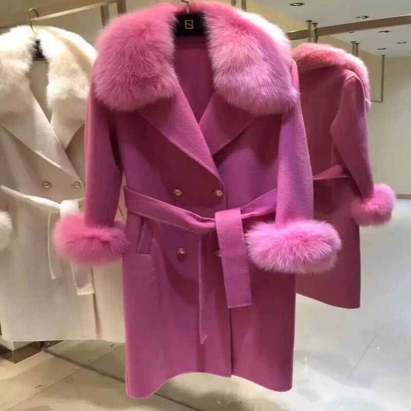Fashion Fox Fur Collar Cashmere Wool Blends Long Jacket