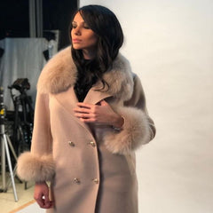 Fashion Fox Fur Collar Cashmere Wool Blends Long Jacket
