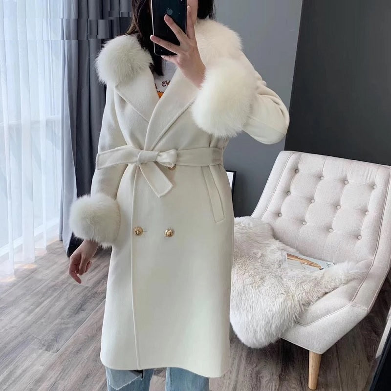 Fashion Fox Fur Collar Cashmere Wool Blends Long Jacket