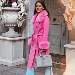 Fashion Fox Fur Collar Cashmere Wool Blends Long Jacket