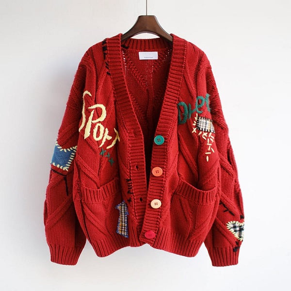 Fashion Letter Embroidery Knitted Single Breasted Cardigan