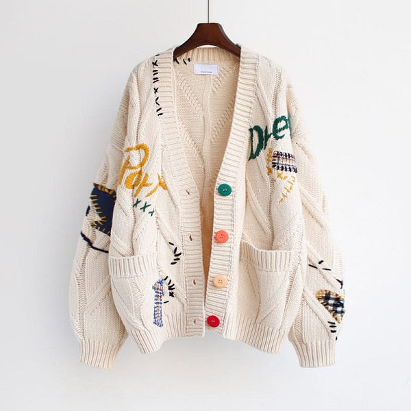 Fashion Letter Embroidery Knitted Single Breasted Cardigan