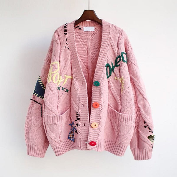 Fashion Letter Embroidery Knitted Single Breasted Cardigan