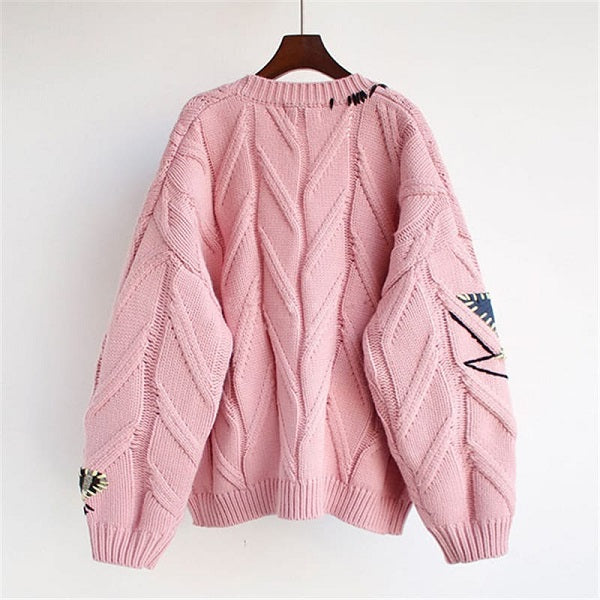 Fashion Letter Embroidery Knitted Single Breasted Cardigan