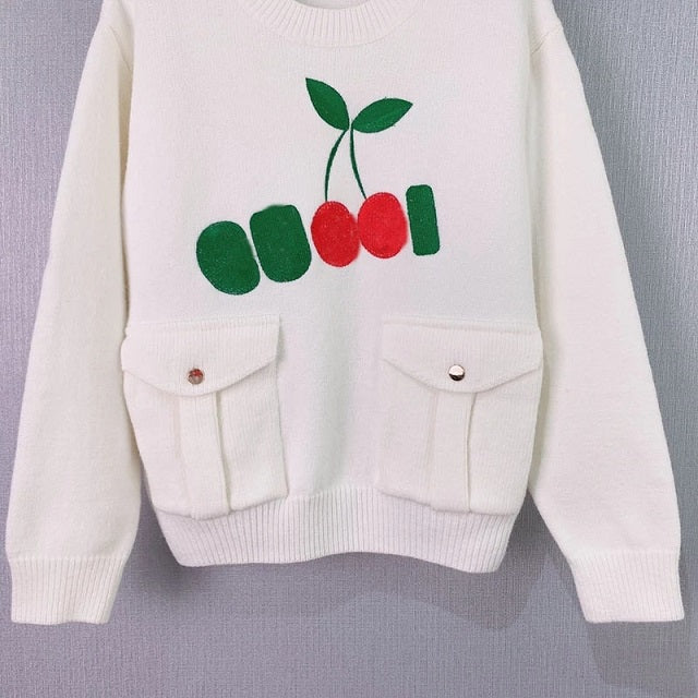 Fashion Long Sleeve Cherry Embroidery Letter Blended Pockets Sweats
