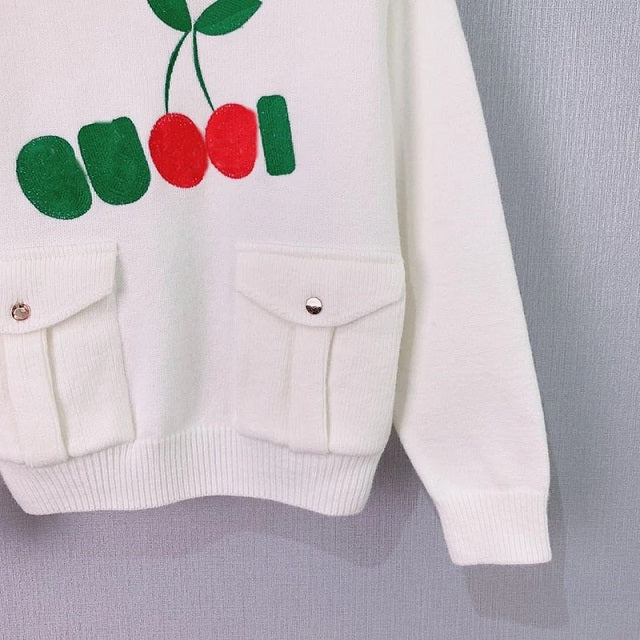 Fashion Long Sleeve Cherry Embroidery Letter Blended Pockets Sweats