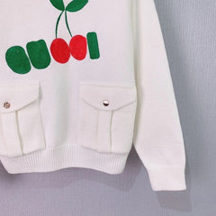 Fashion Long Sleeve Cherry Embroidery Letter Blended Pockets Sweats