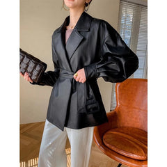 Fashion Pure Color Genuine Leather Coat