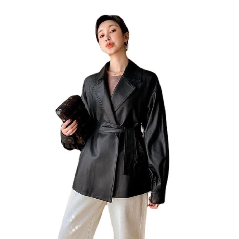 Fashion Pure Color Genuine Leather Coat
