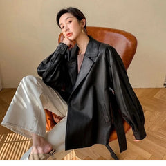Fashion Pure Color Genuine Leather Coat