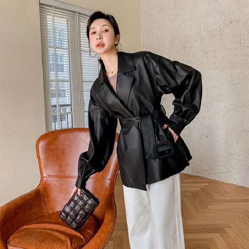 Fashion Pure Color Genuine Leather Coat