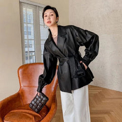 Fashion Pure Color Genuine Leather Coat