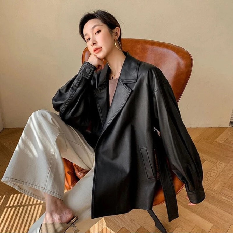 Fashion Pure Color Genuine Leather Coat