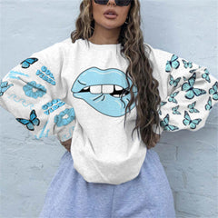 Fashion Round Collar Lip Print Long Sleeve Sweatshirt