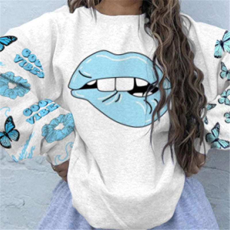 Fashion Round Collar Lip Print Long Sleeve Sweatshirt