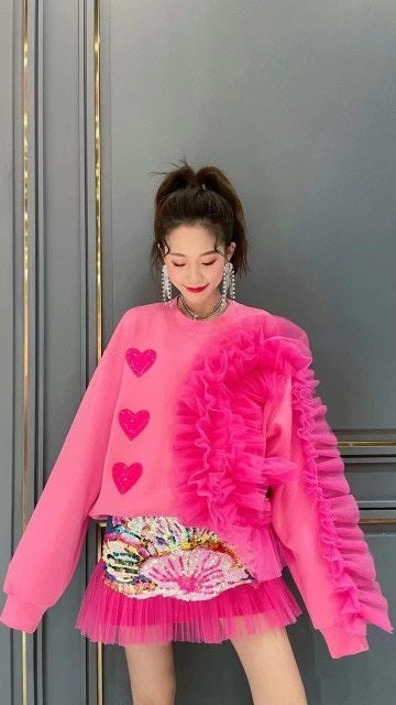Fashion Sweet Heart Patchwork Mesh Ruffles Sweatshirt Hoodies Pullover