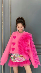 Fashion Sweet Heart Patchwork Mesh Ruffles Sweatshirt Hoodies Pullover
