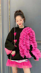 Fashion Sweet Heart Patchwork Mesh Ruffles Sweatshirt Hoodies Pullover