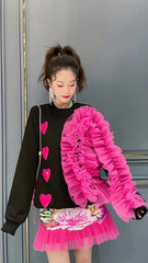 Fashion Sweet Heart Patchwork Mesh Ruffles Sweatshirt Hoodies Pullover