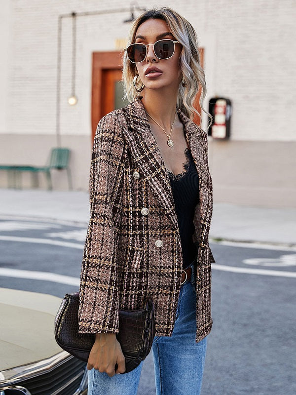 Fashion Turndown Collar Long Sleeves Plaid Shacket
