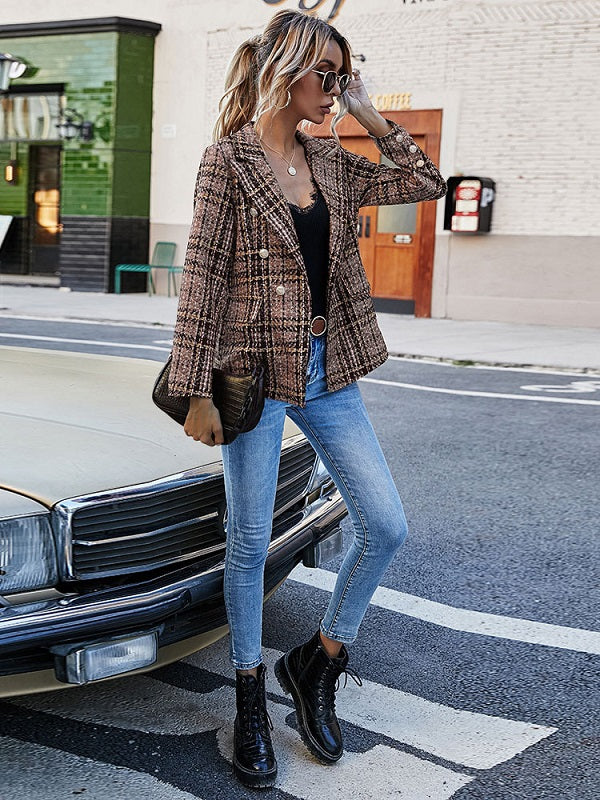 Fashion Turndown Collar Long Sleeves Plaid Shacket