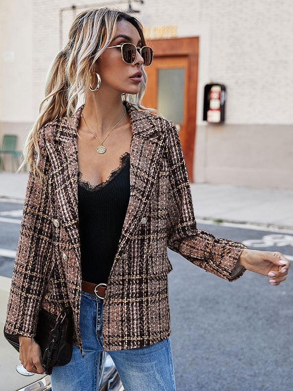 Fashion Turndown Collar Long Sleeves Plaid Shacket