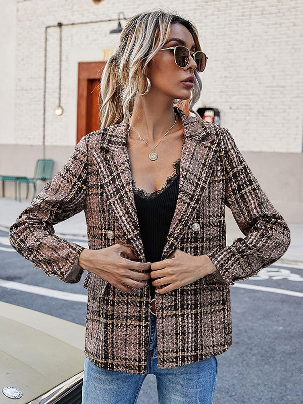 Fashion Turndown Collar Long Sleeves Plaid Shacket