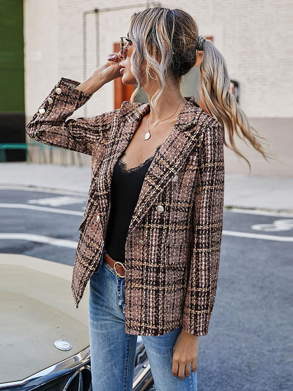Fashion Turndown Collar Long Sleeves Plaid Shacket
