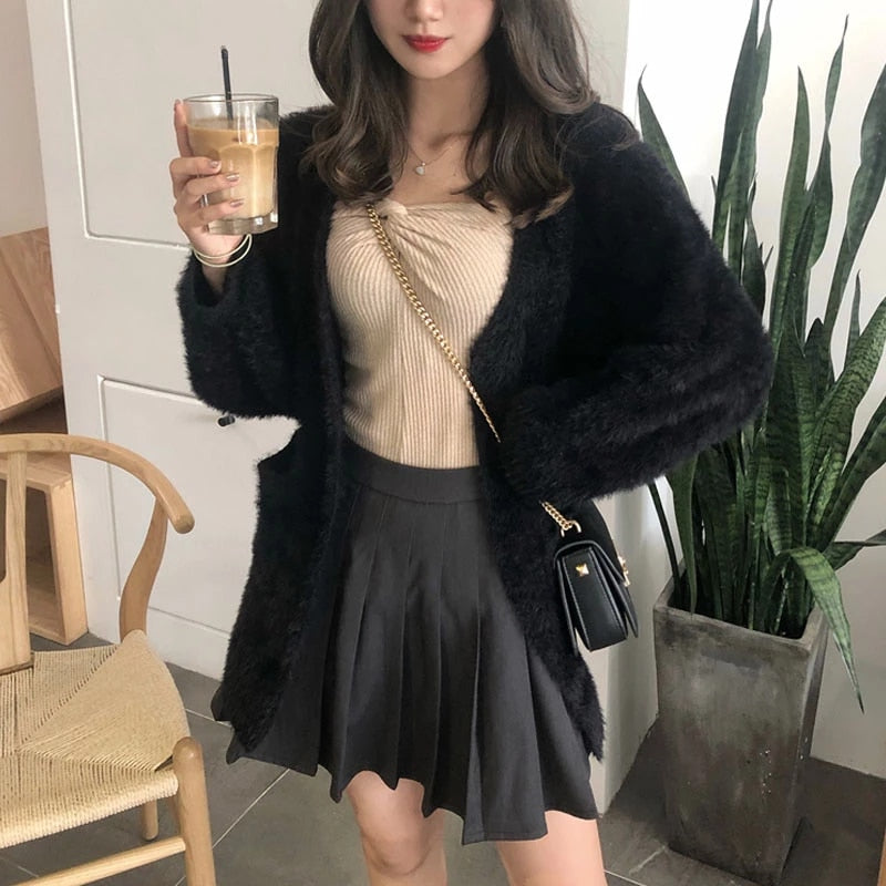 Fashion V-Neck Thicken Warm Mink fleece Sweater