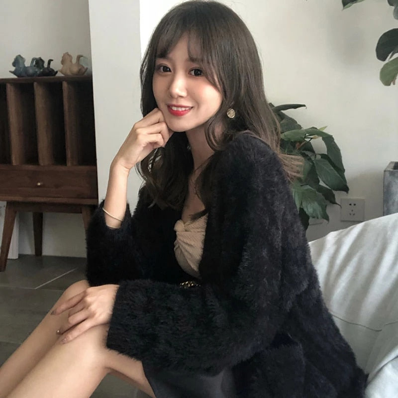 Fashion V-Neck Thicken Warm Mink fleece Sweater