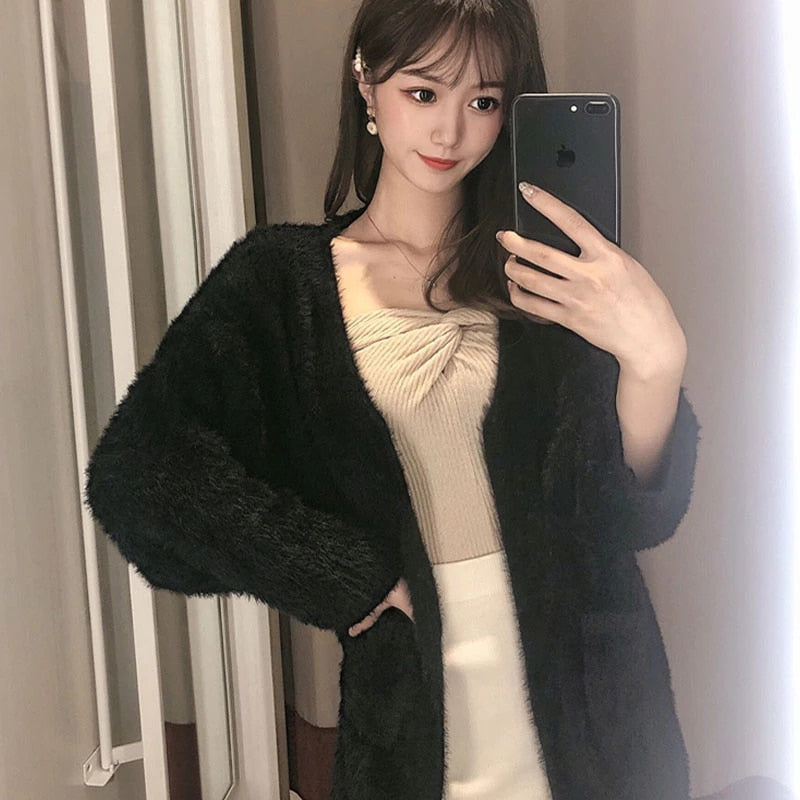Fashion V-Neck Thicken Warm Mink fleece Sweater