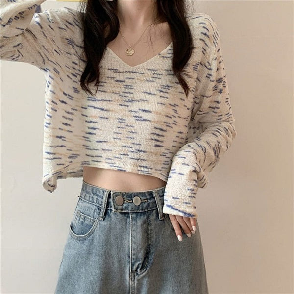 Fashion V Neck Tie-dyed Long Sleeve Crop Top