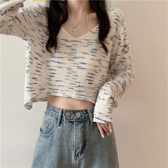 Fashion V Neck Tie-dyed Long Sleeve Crop Top