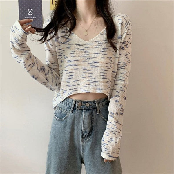 Fashion V Neck Tie-dyed Long Sleeve Crop Top