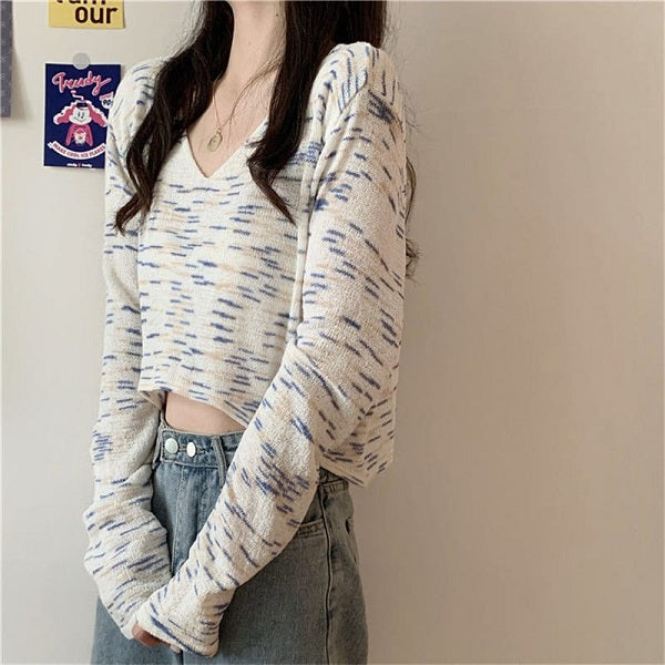 Fashion V Neck Tie-dyed Long Sleeve Crop Top