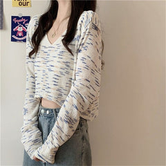 Fashion V Neck Tie-dyed Long Sleeve Crop Top