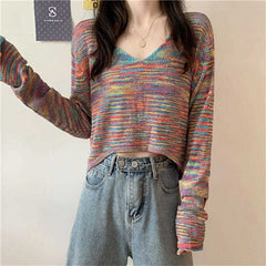 Fashion V Neck Tie-dyed Long Sleeve Crop Top