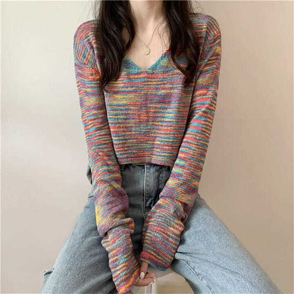 Fashion V Neck Tie-dyed Long Sleeve Crop Top
