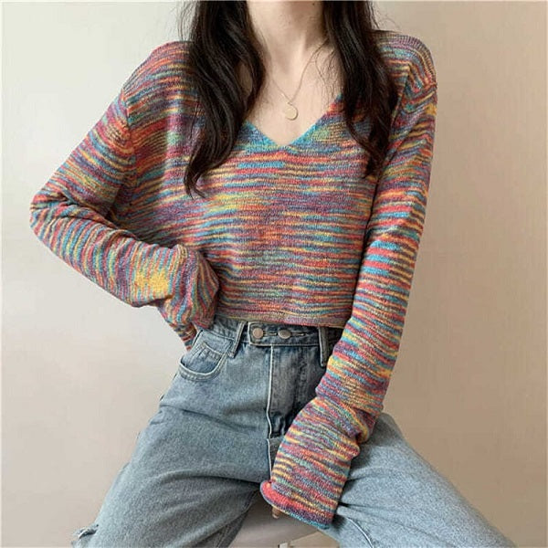Fashion V Neck Tie-dyed Long Sleeve Crop Top