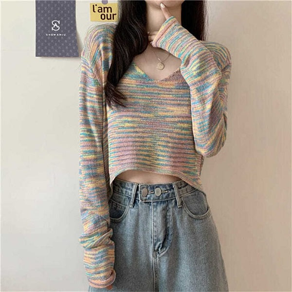 Fashion V Neck Tie-dyed Long Sleeve Crop Top