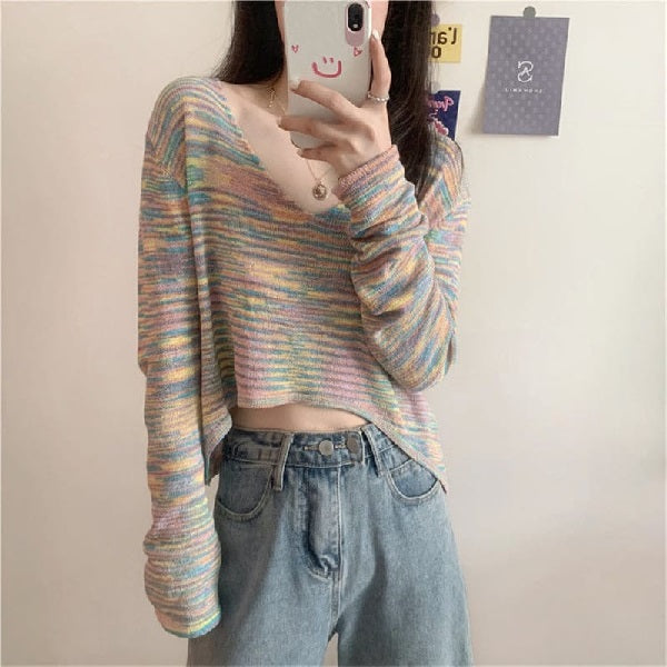 Fashion V Neck Tie-dyed Long Sleeve Crop Top